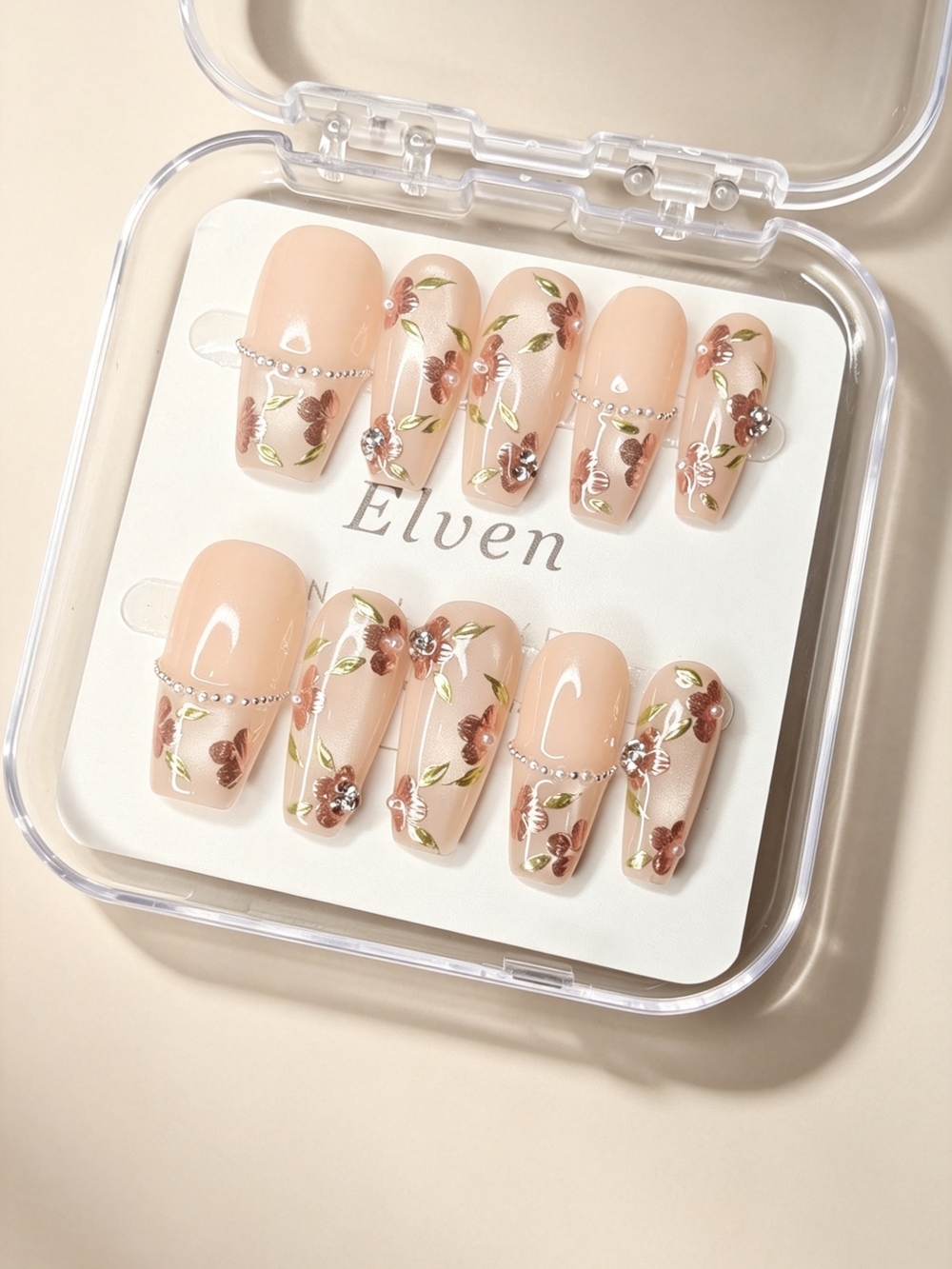 Nude Cat Eye Pink Floral Long Coffin Press On Nails Set with Silver Beads